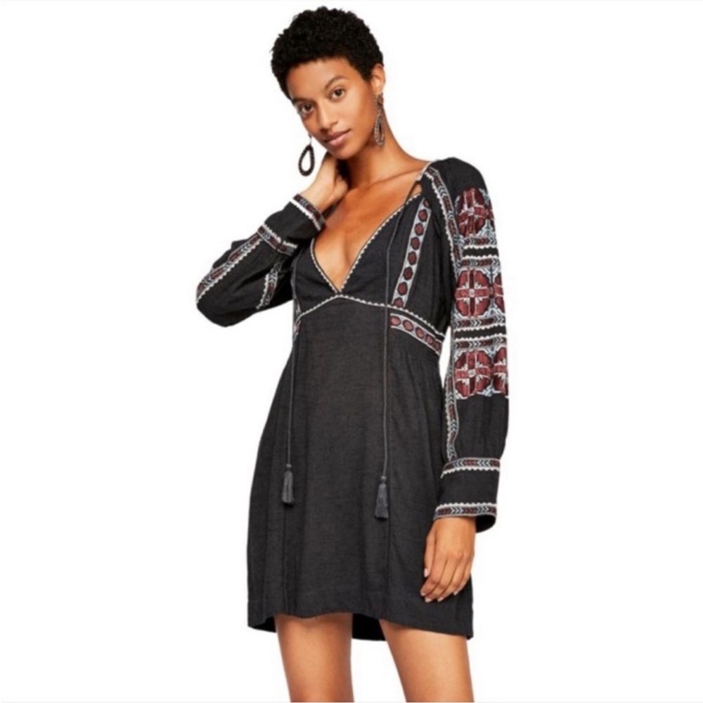 Free People Black Plunge Neck Bishop Sleeve Sundress